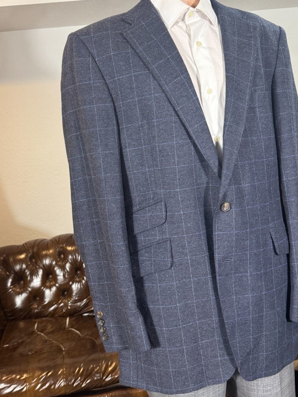 Turnbull and Asser Sport Coat Blazer Angora Tweed Windowpane Blue 44L US